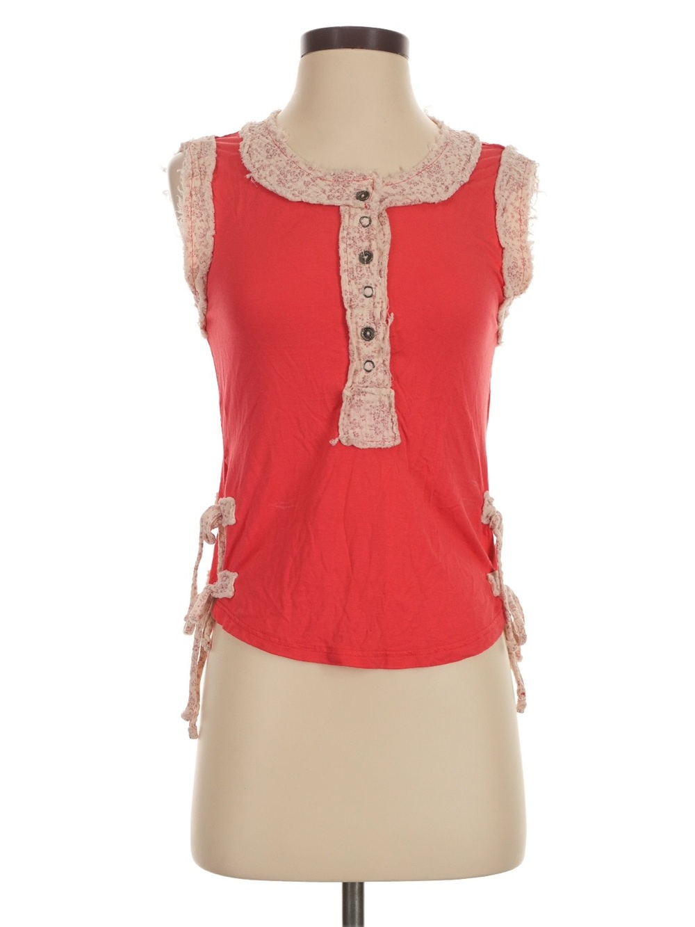 New: POL Red Sleeveless Henley Patchwork Lining Boho Side Ties Tank Top• Small